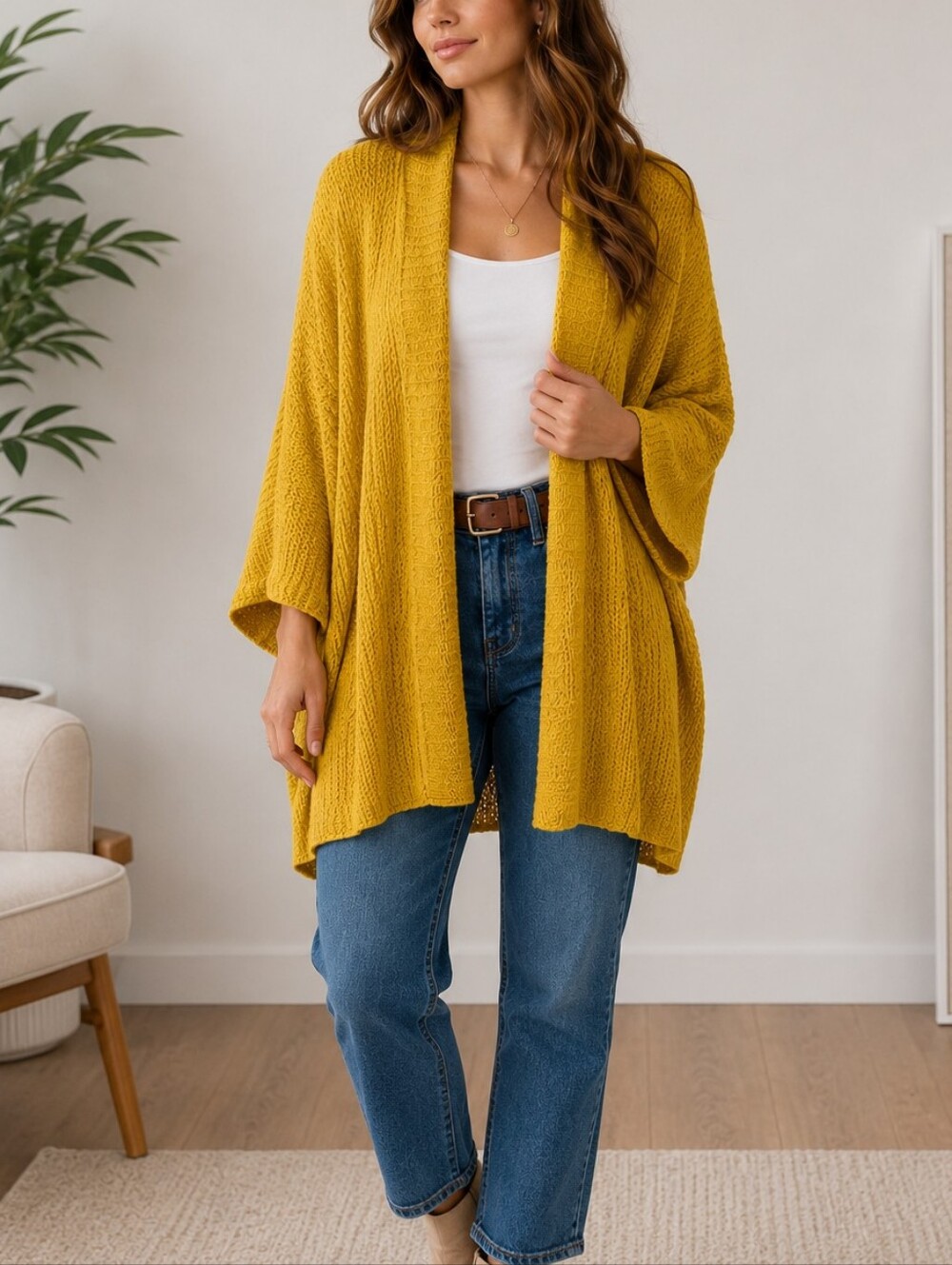 Catherine Malandrino Mustard Yellow Open Front Cardigan One Size Oversized Knit